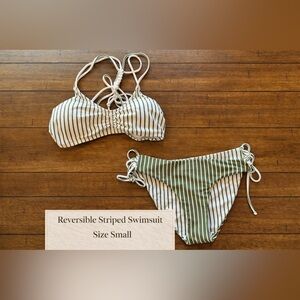 Reversible Sage Green White Striped Bikini Set | Tie Side Bottom | Size Small